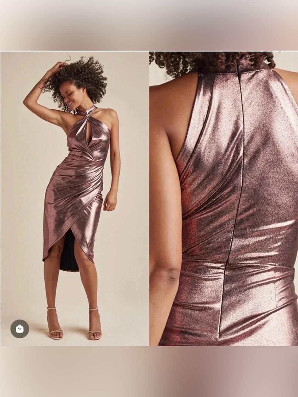 NWOT VENUS Metallic Rose High-Low Halter Midi Dress